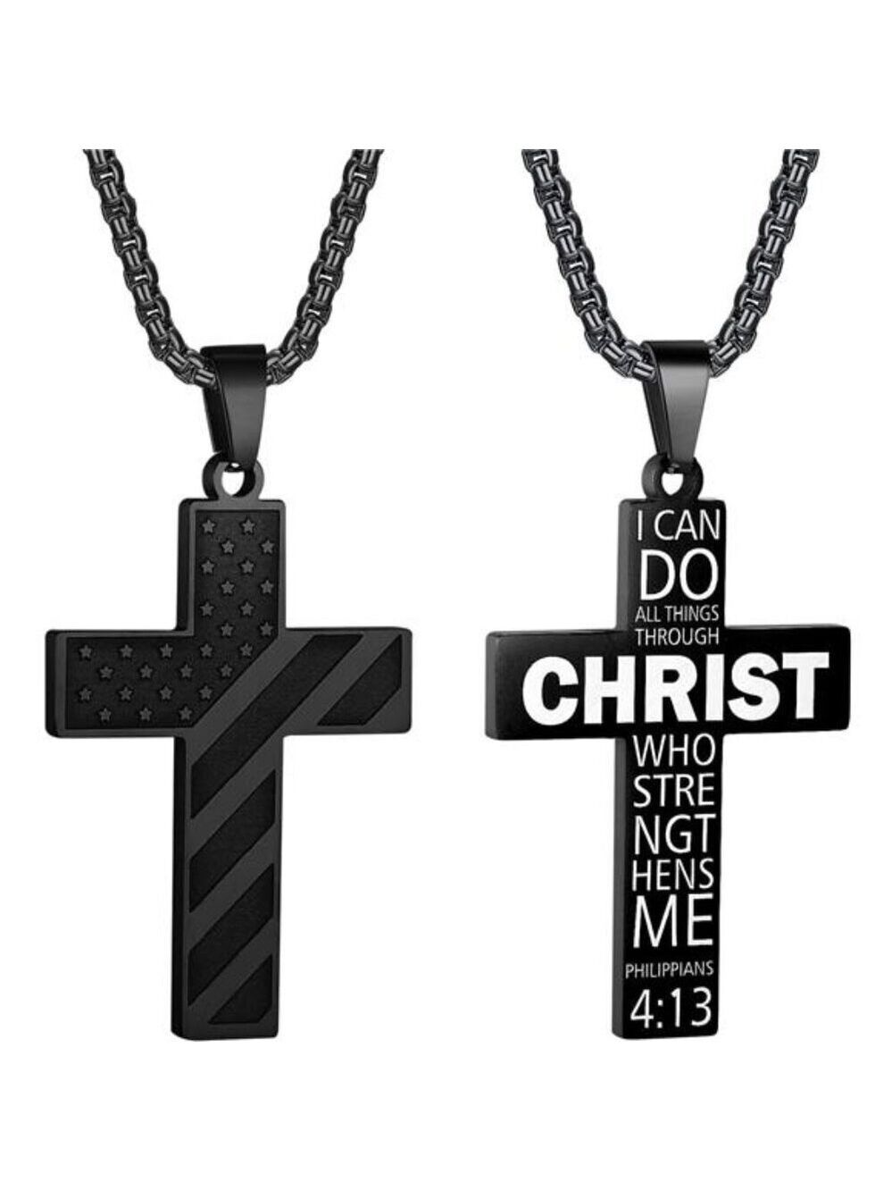 Black American Flag Christ Cross Necklace Men Stainless Steel Box Chain 22 inch